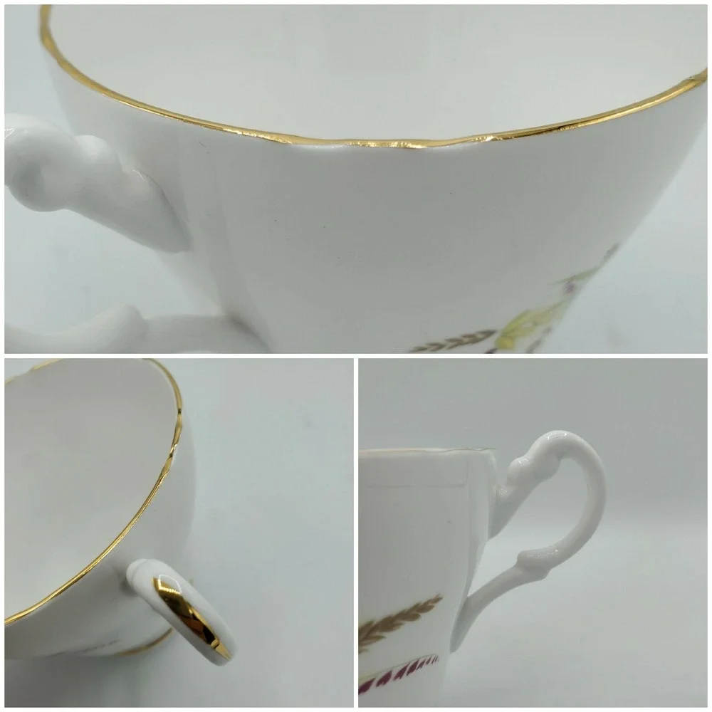 Royal Ascot Tea Cup‎ Saucer Wheat Blue Purple Flower Gold Rim Scallop Footed